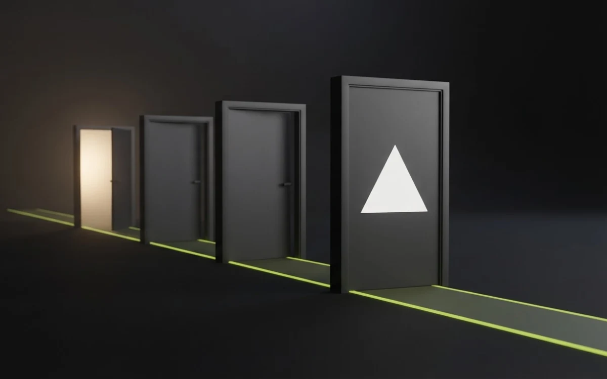 Five dark gates receding along a thin lime path, each more open than the last, with the Vercel triangle on the nearest gate.