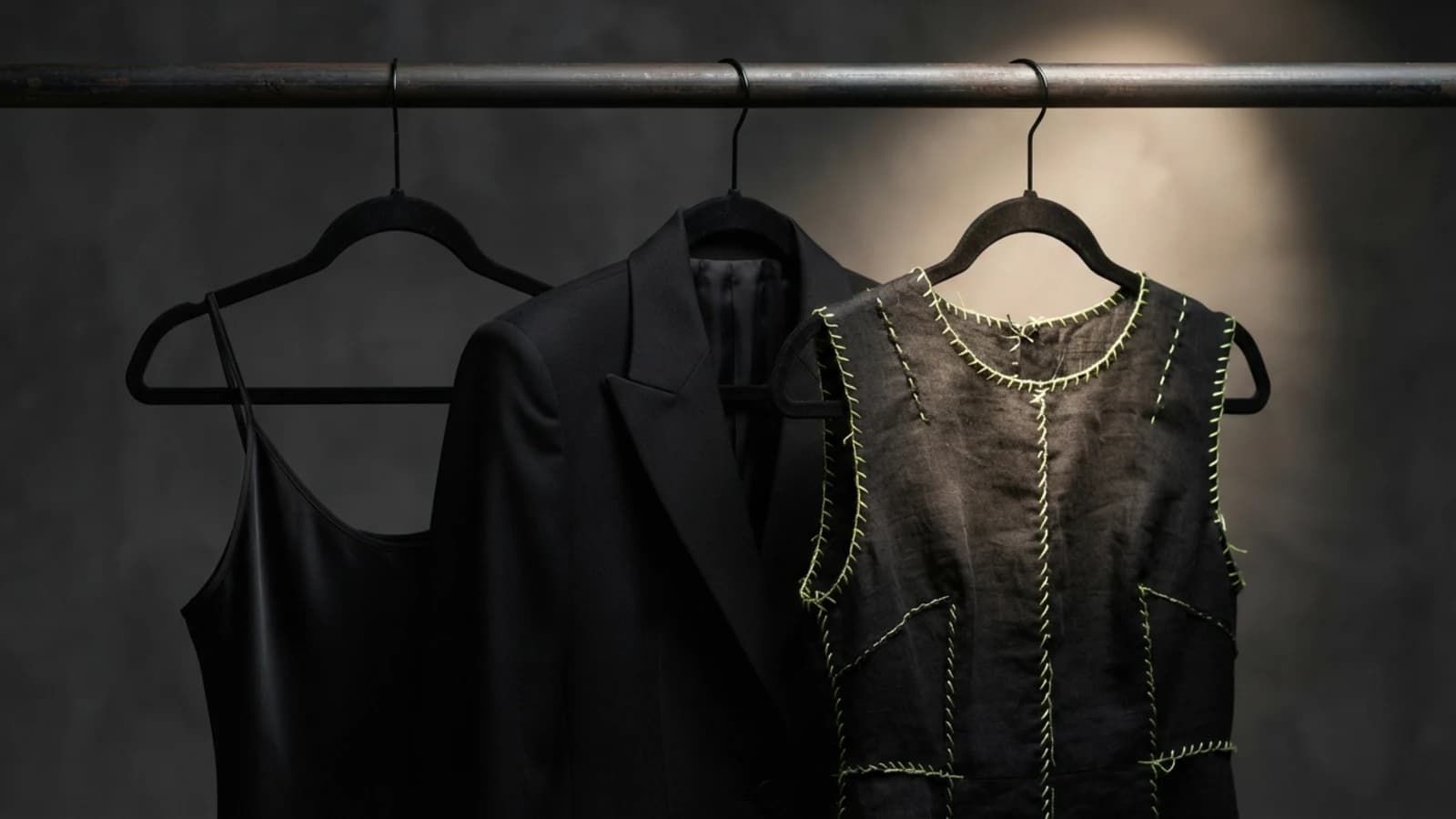 Three black hangers holding plain, tailored and hand-stitched garments