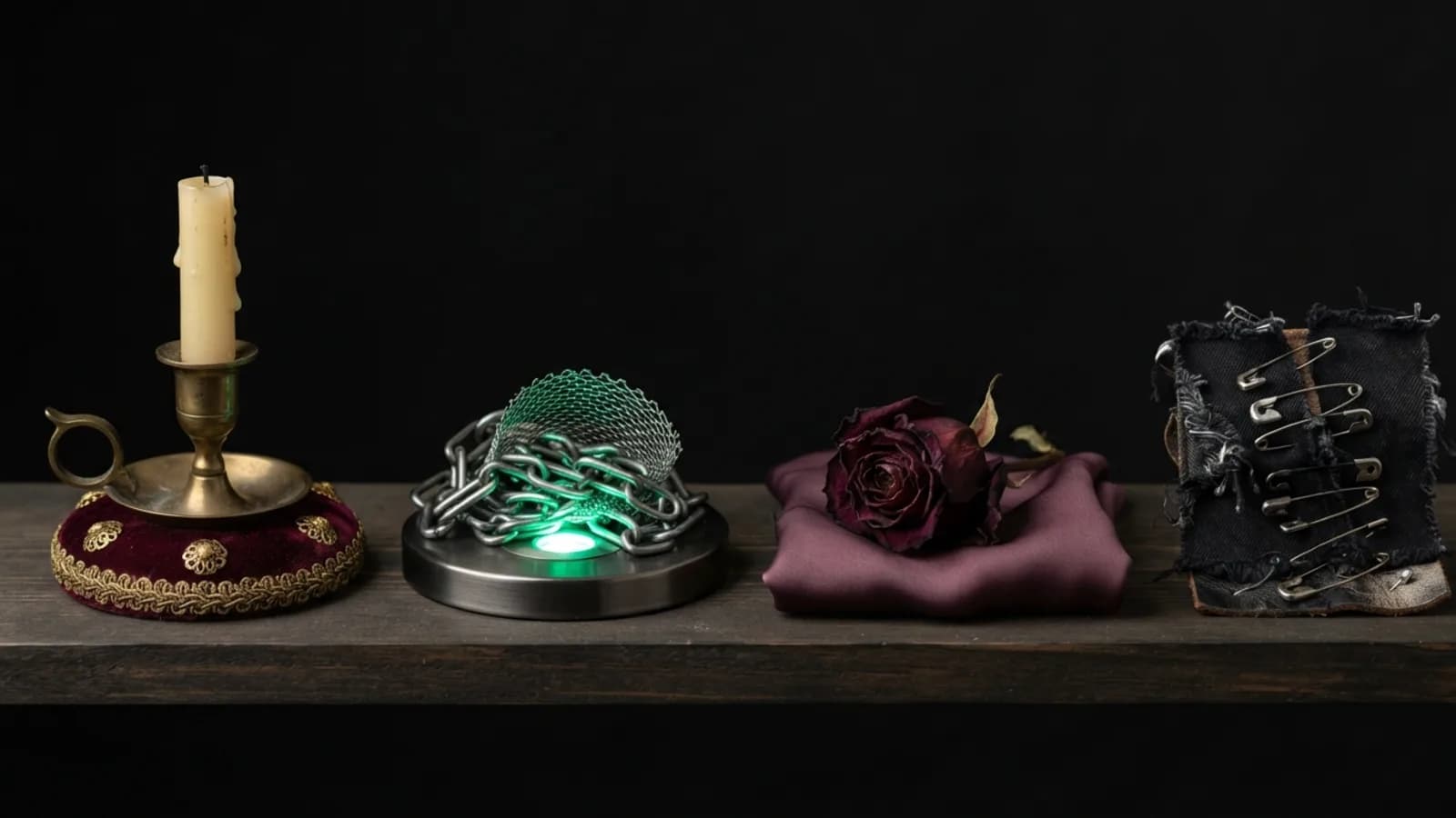 Four goth subgenre still lifes: Victorian, cyber, romantic and punk