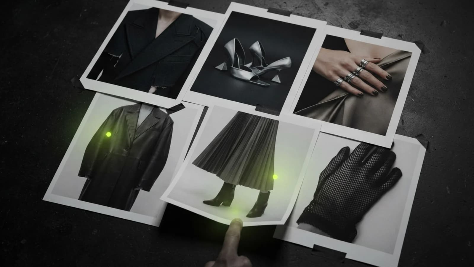 Grid of dark editorial fashion prints with glowing shop hotspots