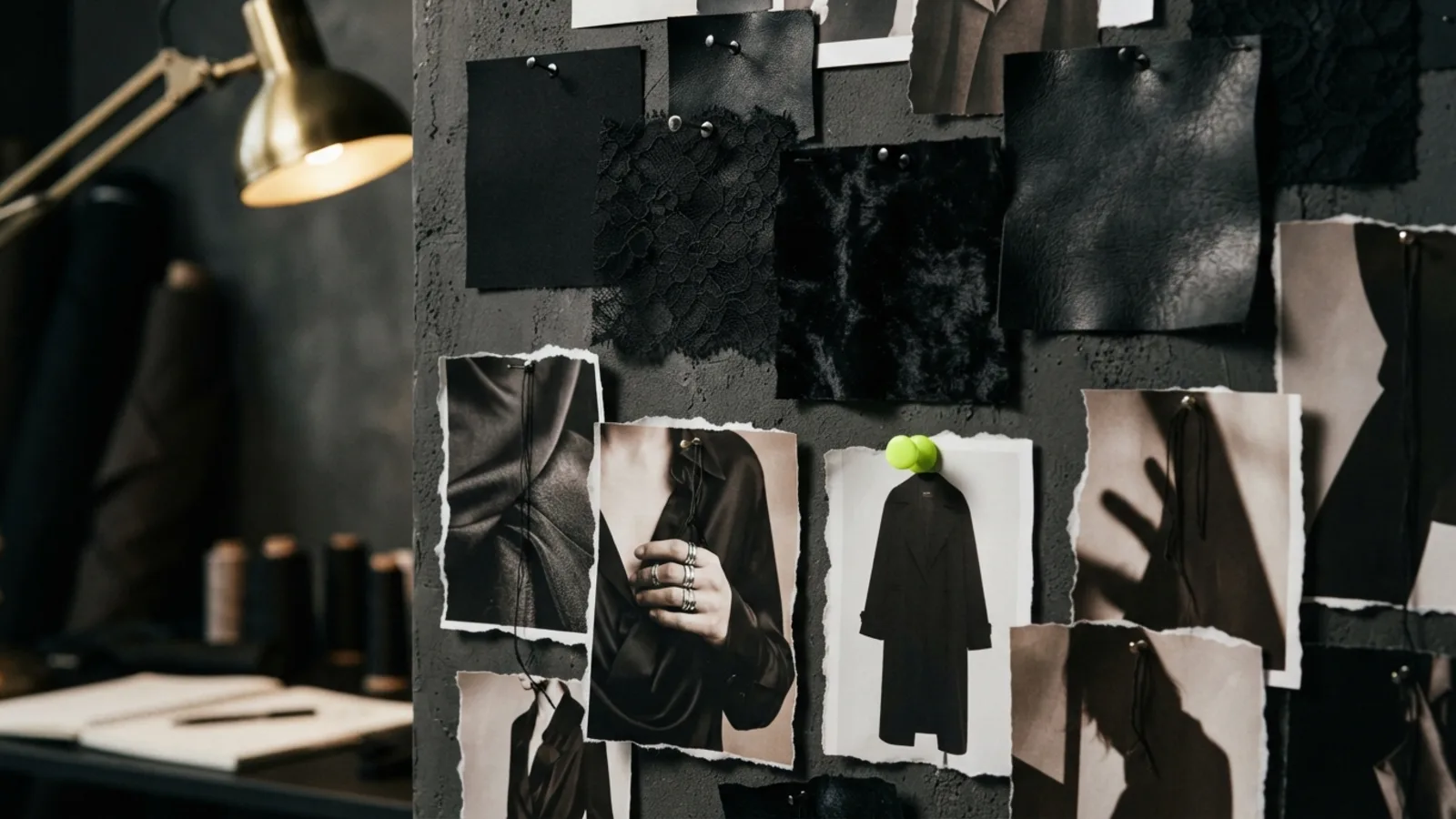 Moodboard wall of black lace, velvet and leather swatches