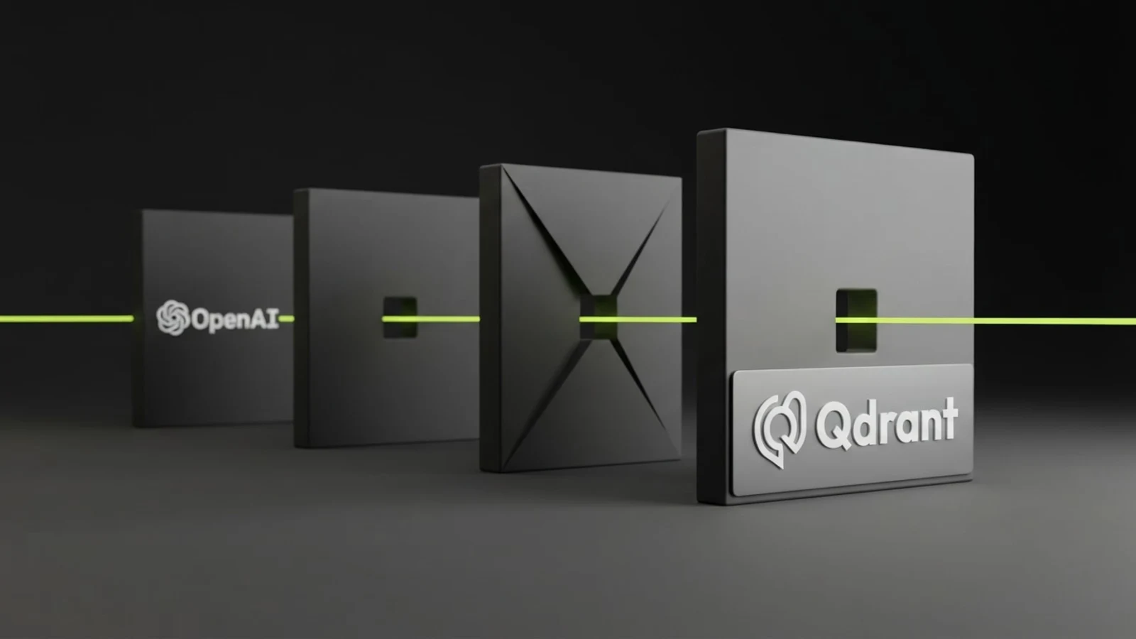 A thin lime line passing through four dark gates of narrowing aperture and exiting as one clean line, with the Qdrant logo at the final gate and the OpenAI logo at the first.