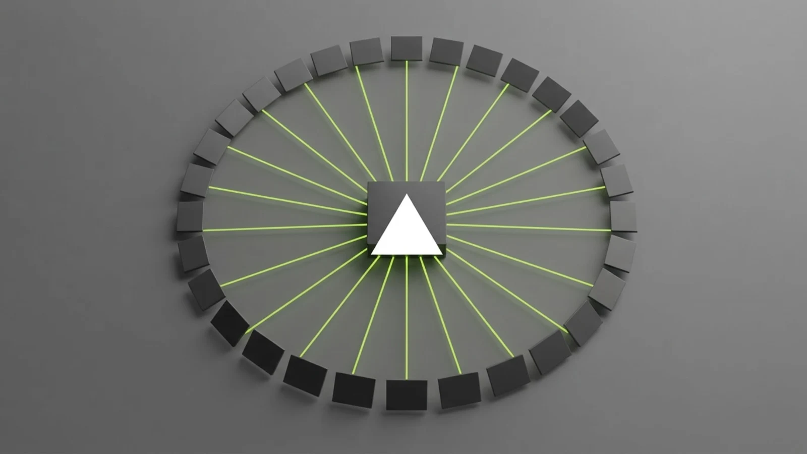 A single dark block at the centre with thin lime lines radiating outward to a ring of identical panels, the Vercel triangle at the centre of the block.