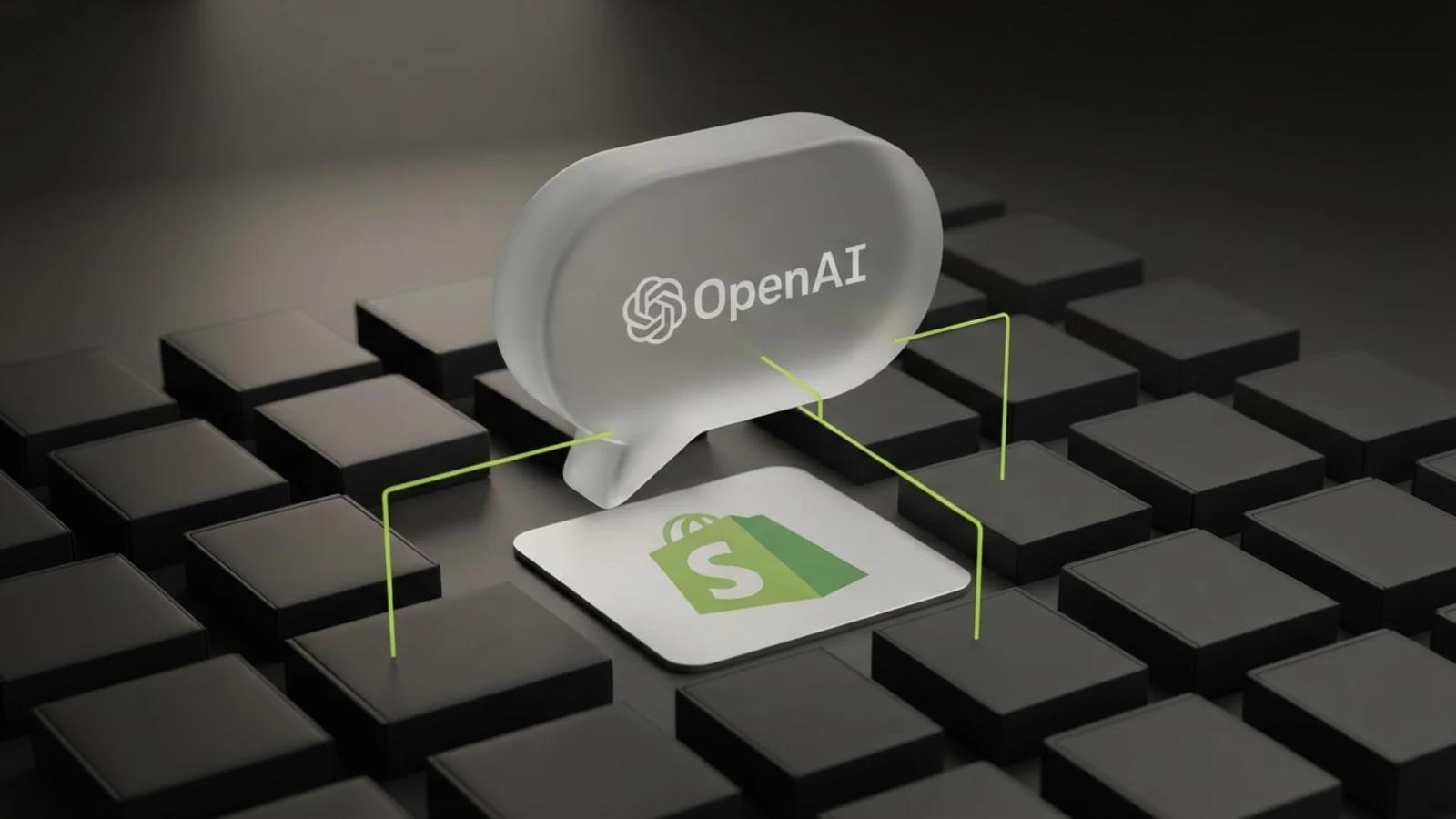 A frosted speech-bubble form above a grid of product boxes, connected by thin lime lines, with the Shopify logo set into the floor and the OpenAI logo on the bubble.