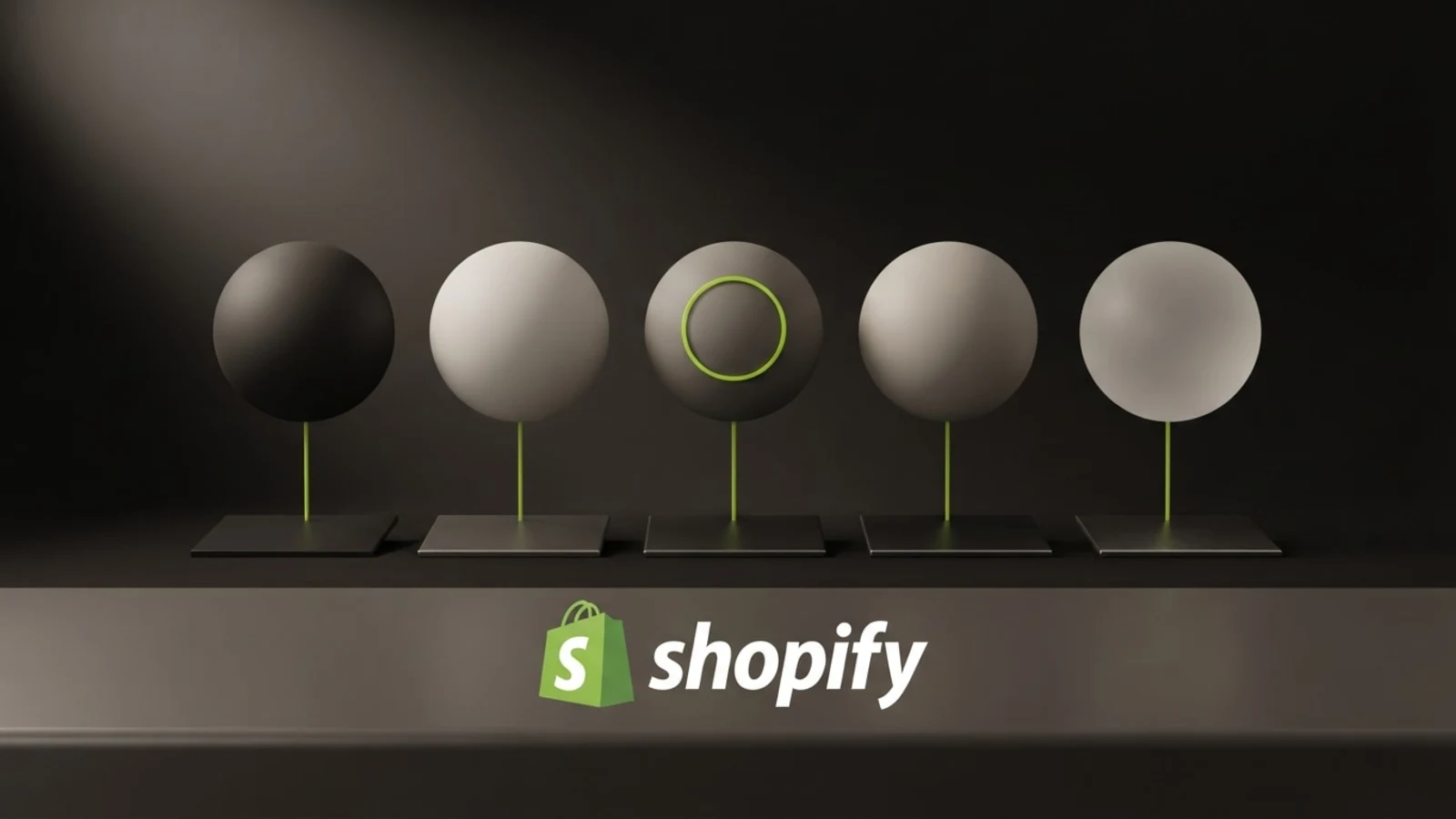 Five matte spheres in a row, each linked by a thin lime line to its own separate product panel below, with the Shopify logo on a plinth in the foreground.