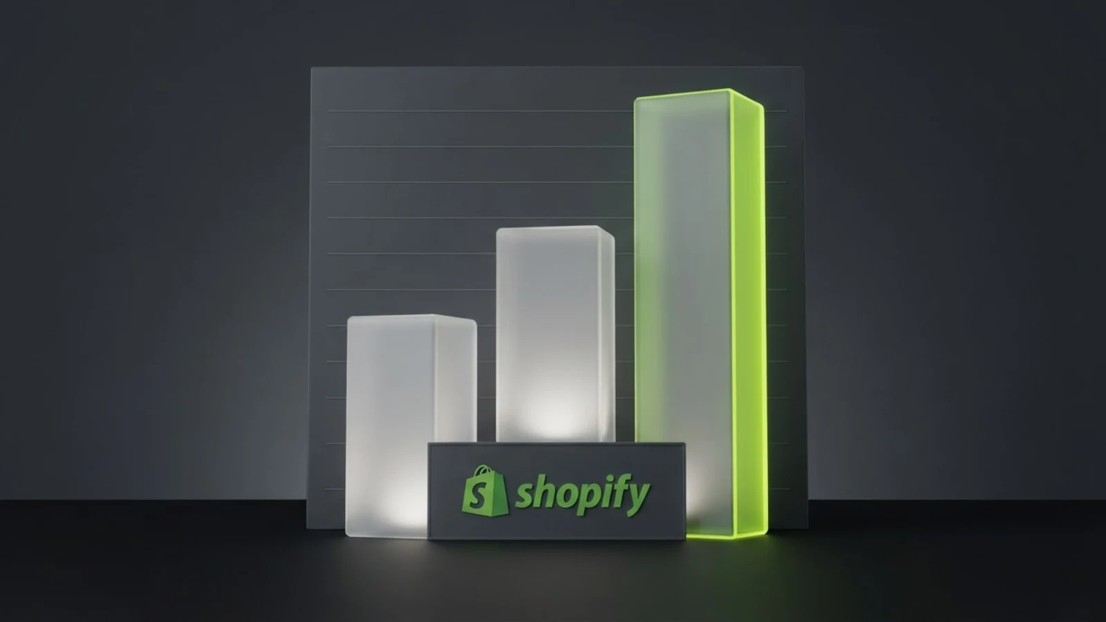 Three frosted glass columns of different heights on a dark plane, the tallest edged in lime, with the Shopify logo on an inset panel at the base of the centre column.