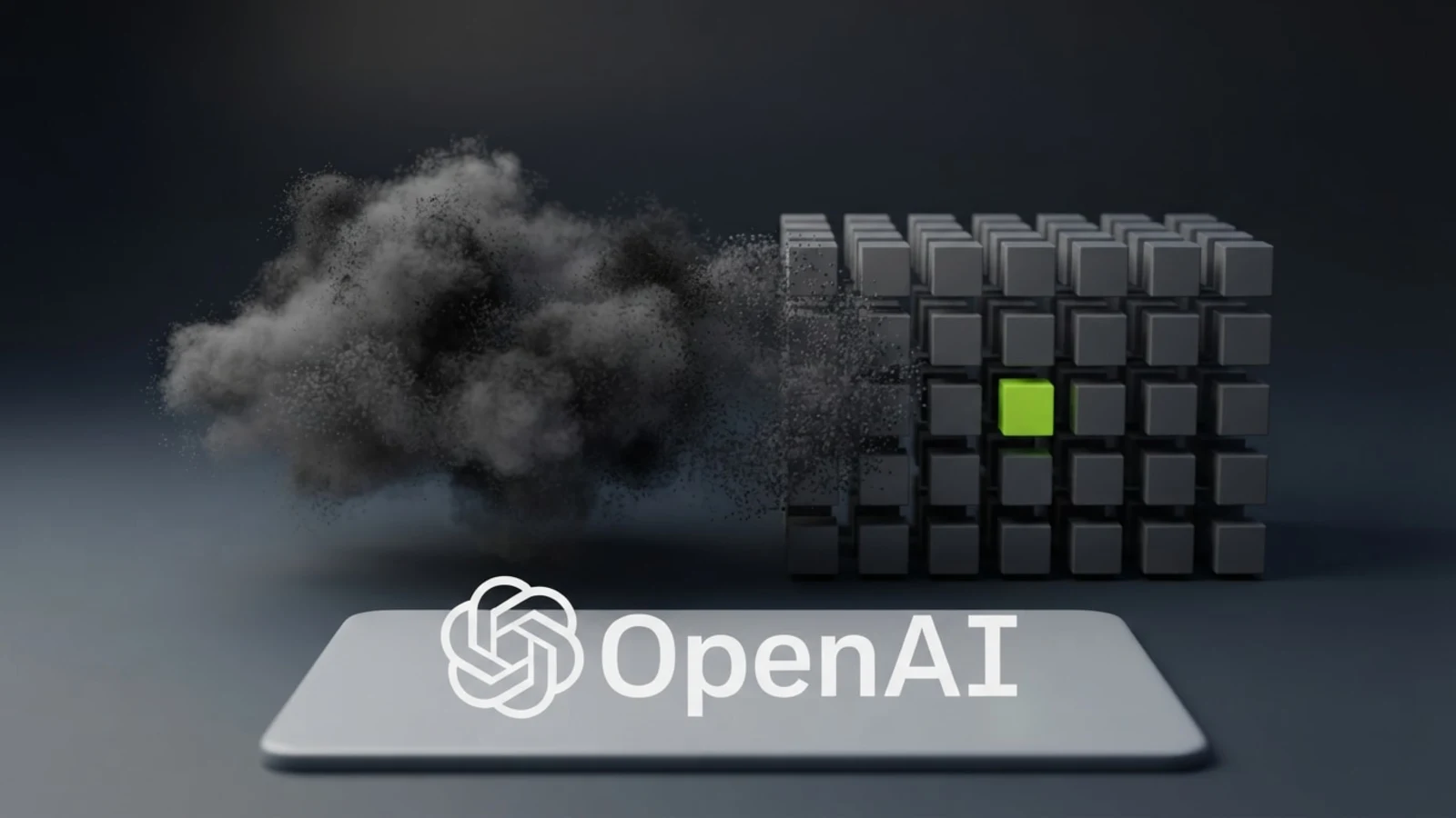 A formless grey particle cloud on the left resolving into an ordered lattice of matte cubes on the right, one face lime, with the OpenAI logo on a plate in the foreground.