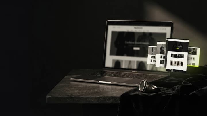 Dark fashion storefront theme layouts on a laptop beside black velvet