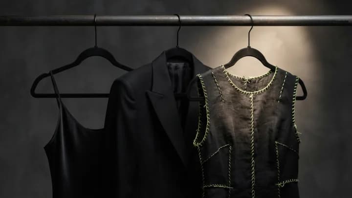 Three black hangers holding plain, tailored and hand-stitched garments