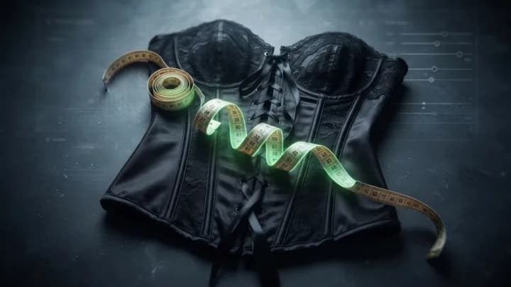 Black corset with a measuring tape and glowing size tick marks