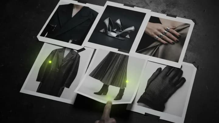 Grid of dark editorial fashion prints with glowing shop hotspots