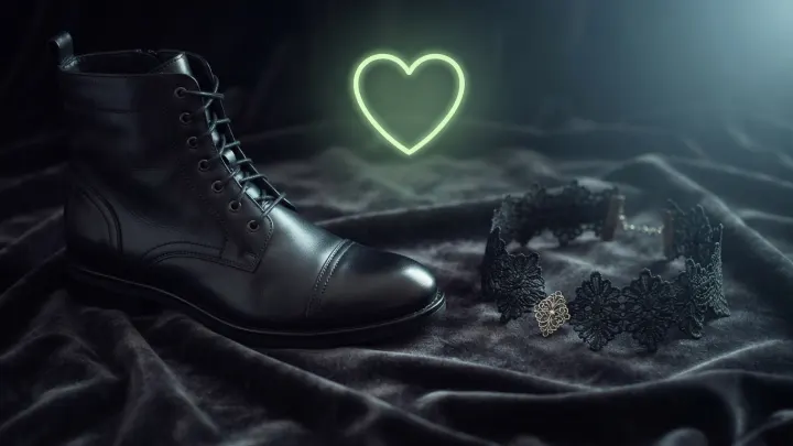 Black boot and lace choker with a glowing wishlist heart