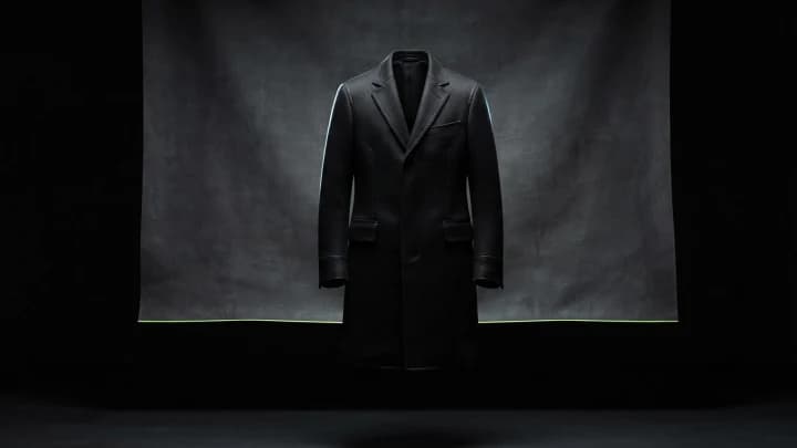 Black-on-black coat photographed with rim light to show texture