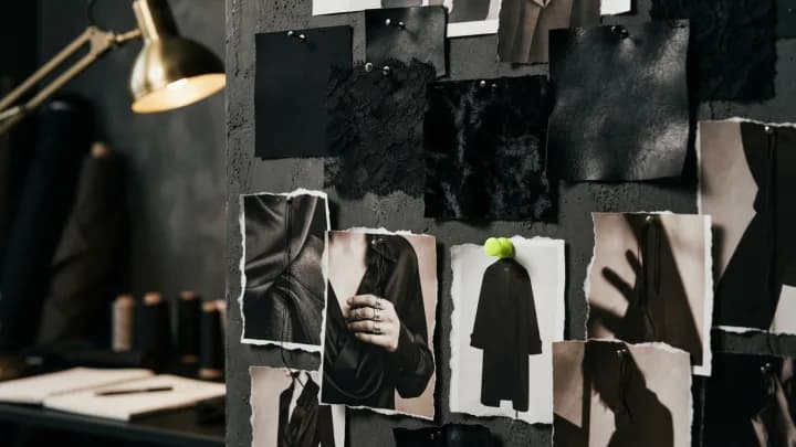 Moodboard wall of black lace, velvet and leather swatches