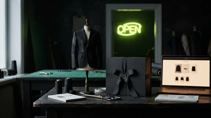 Dark workshop with a garment on a dress form ready for launch