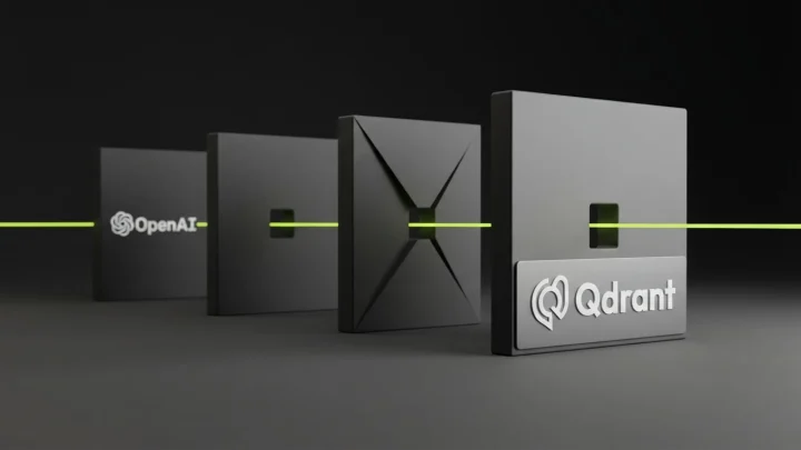 A thin lime line passing through four dark gates of narrowing aperture and exiting as one clean line, with the Qdrant logo at the final gate and the OpenAI logo at the first.