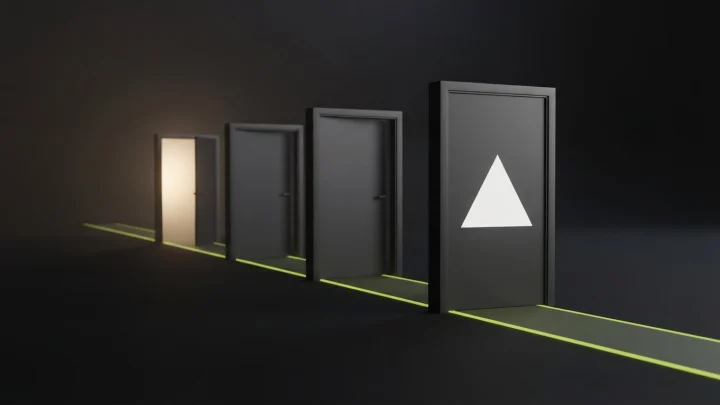 Five dark gates receding along a thin lime path, each more open than the last, with the Vercel triangle on the nearest gate.