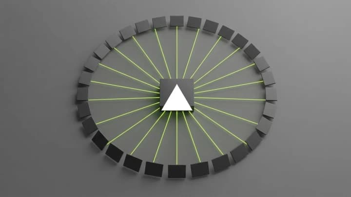 A single dark block at the centre with thin lime lines radiating outward to a ring of identical panels, the Vercel triangle at the centre of the block.