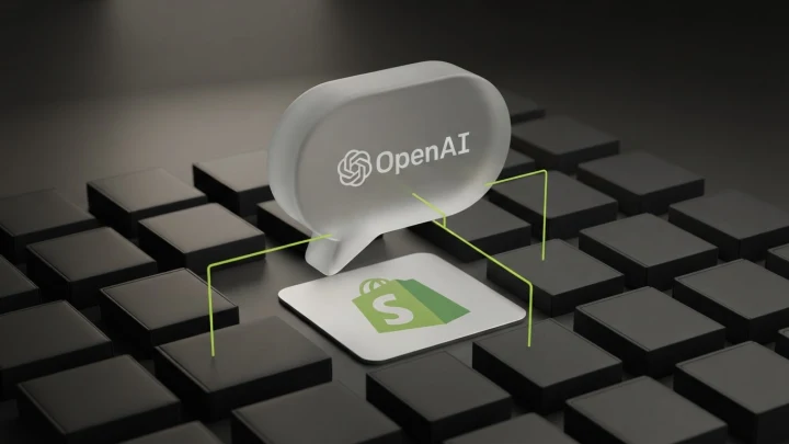 A frosted speech-bubble form above a grid of product boxes, connected by thin lime lines, with the Shopify logo set into the floor and the OpenAI logo on the bubble.