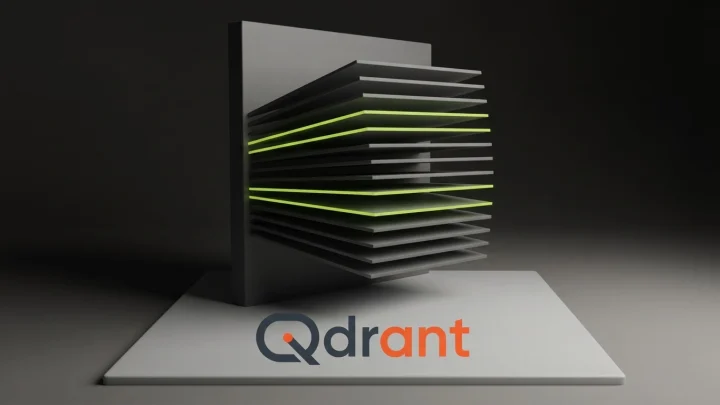 A tall dark slab sliced into many thin horizontal layers fanned apart, four of them lime-edged, with the Qdrant logo on a plate beneath.