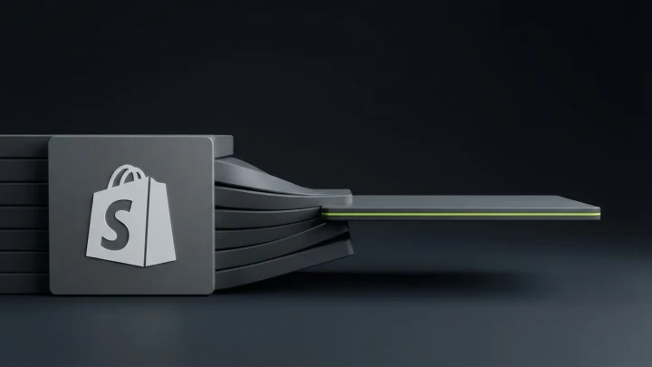 A stack of heavy compressed slabs on the left resolving into a single weightless lime-edged plate on the right, with the Shopify logo embossed on the leading slab.