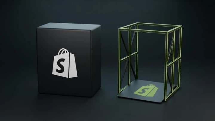 A sealed matte black monolith beside an open lime-edged frame showing its interior lattice, with the Shopify logo on each, under even light.