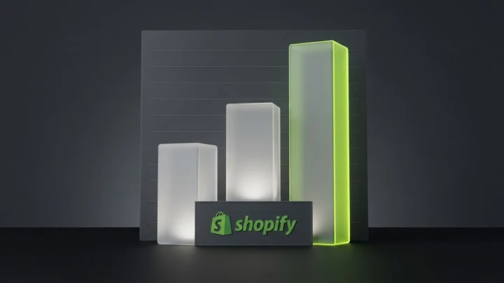 Three frosted glass columns of different heights on a dark plane, the tallest edged in lime, with the Shopify logo on an inset panel at the base of the centre column.