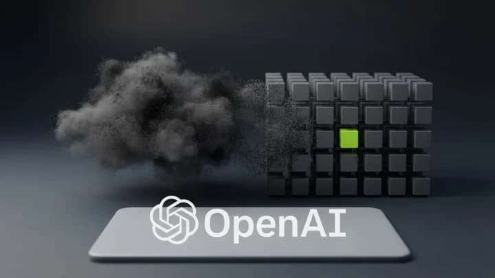 A formless grey particle cloud on the left resolving into an ordered lattice of matte cubes on the right, one face lime, with the OpenAI logo on a plate in the foreground.