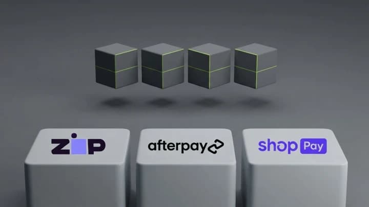 A matte cube split cleanly into four equal parts along lime-lit planes, above three plinths carrying the Zip, Afterpay and Shop Pay logos.